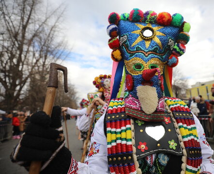 Kyustendil, Bulgaria - February 7, 2026: Third Masquerade Festival "Djamala" in Kyustendil, Bulgaria. People with masks, called Kukeri, dance and play to scare away evil spirits.