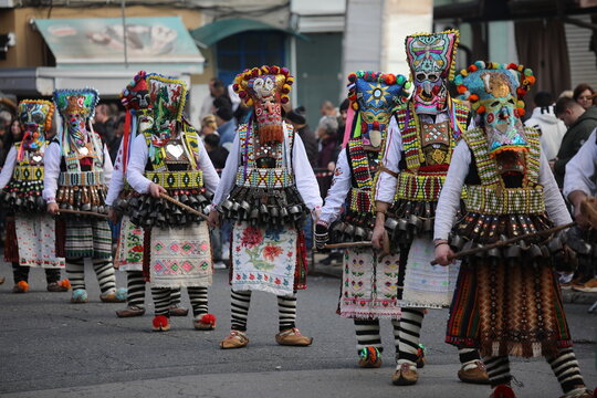 Kyustendil, Bulgaria - February 7, 2026: Third Masquerade Festival "Djamala" in Kyustendil, Bulgaria. People with masks, called Kukeri, dance and play to scare away evil spirits.