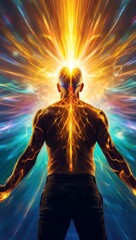 Fototapeta premium Man radiating vibrant energy with glowing lines on body