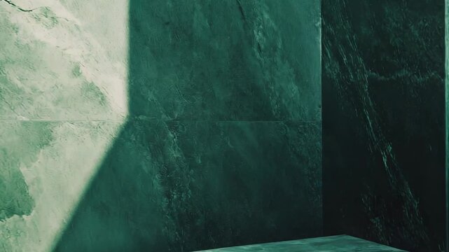 Green marble platform featuring a textured surface, bathed in natural sunlight creating dynamic shadows, suitable for luxury product placement and minimalist interior design