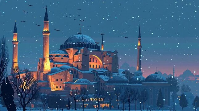 Hagia Sophia Istanbul Winter Snowfall Evening Lights.