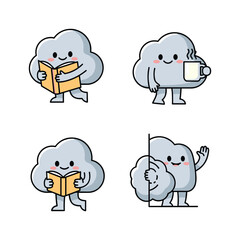 Obraz premium Cute cartoon cloud characters reading and enjoying coffee in various activities with friendly gestures