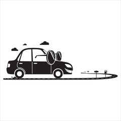Obraz premium Funny Cartoon Car Wearing Sunglasses Driving on Road - Summer Road Trip Concept Vector Illustration