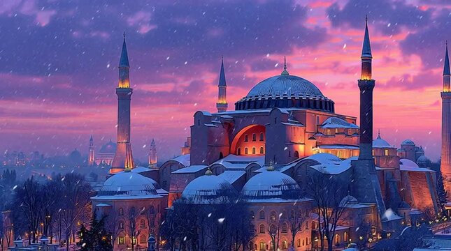 Hagia Sophia Mosque Winter Landscape Scene.