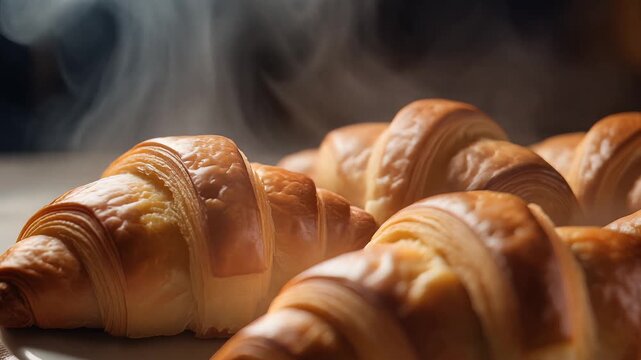 Steaming Golden Croissants Arranged on Light Baking Sheet in Warm Kitchen &ndash; Closeup View