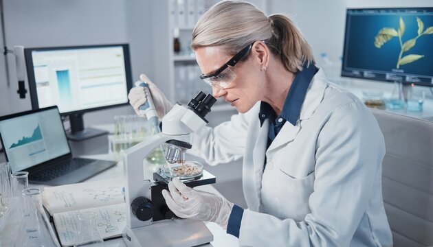 Female scientist conducting research in lab using microscope and pipette
