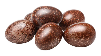 Obraz premium Group of brown speckled chocolate easter eggs on transparent background