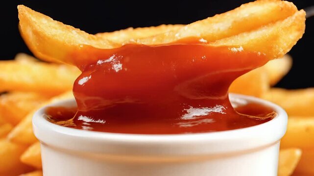 Crispy fried potato french fry dipped in thick red tomato ketchup inside a small white ceramic bowl for food service marketing.