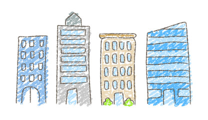 クレヨンタッチの手描き風ビル群イラスト ベクター素材 © Studio Trinity