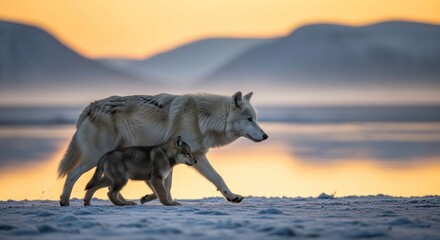 Fototapeta premium Arctic Journey: A Gray Wolf Mother Guides Her Cub Across the Frozen Tundra Landscape