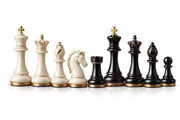 Classic chess set with white and black pieces isolated on white background