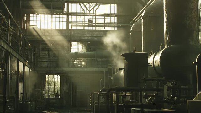 Abandoned industrial factory interior with rusty pipes and machinery, steam lit by bright sunlight through tall dirty windows, evoking decay, neglect and gritty atmosphere
