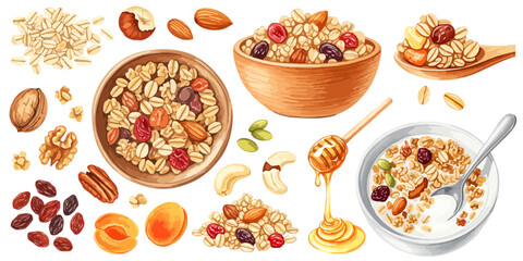 グラノーラとナッツ、ドライフルーツのイラスト素材セット（オートミール・ハチミツ・ヨーグルト）,朝食,ヘルシー