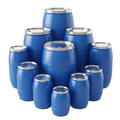 A collection of blue cylindrical containers stacked in a pyramid formation