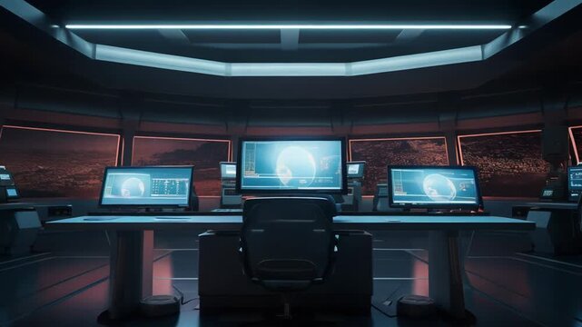 Futuristic command center interior with multiple monitors and glowing data displays, overlooking a barren martian landscape through a large observation window, high tech mission control