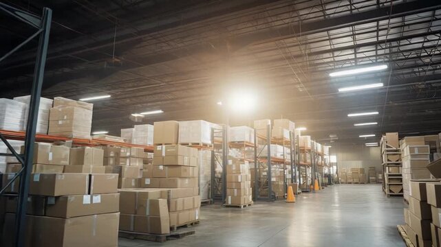 Warehouse interior with numerous cardboard boxes and shrink wrapped pallets stacked on metal shelves, highlighting efficient storage and distribution processes in a light filled industrial facility