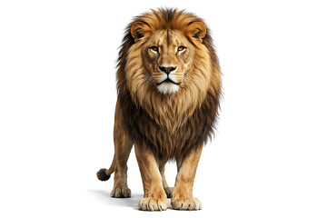 Obraz premium Majestic male lion standing and looking forward isolated on white background
