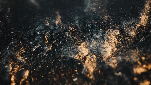 Dark textured surface sprinkled with golden and white particles, creating a mysterious, atmospheric glitter effect with shimmering bokeh and cosmic depth