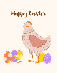 Easter hen card spring vector on beige background. Chicken and chick with decorated eggs and Happy Easter text in hand drawn style.