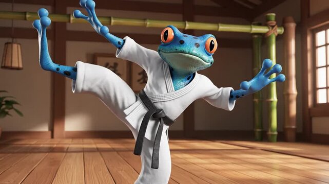 Blue frog cartoon character in karate gi practicing martial arts