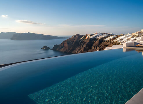 Infinity pool overlooking Santorini's stunning whitewashed houses and blue sea