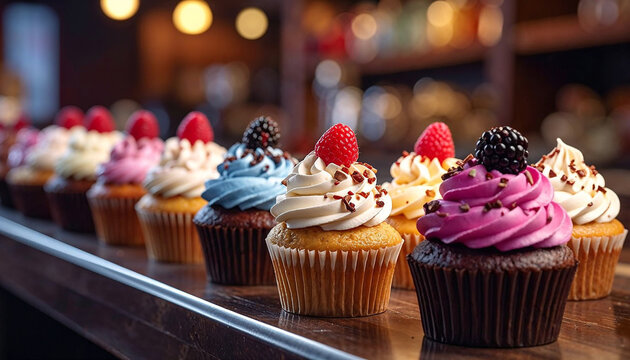 A row of gourmet cupcakes with various flavors were neatly arranged on the dessert table