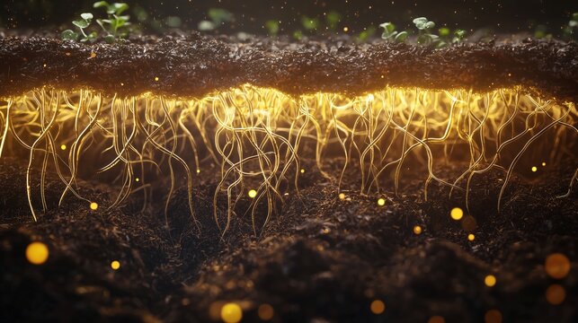  National Biodiesel Day:underground scientific cross-section of rapeseed plant root system, showing soil microbiome bacteria and fungi interacting with roots at microscopic scale