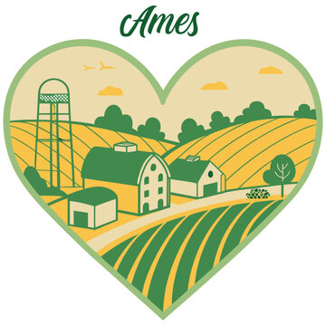 Ames Iowa Farm Landscape in Heart Shape Illustration