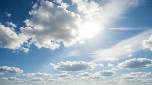 Bright sunlight shines through the f white clouds in the sky.