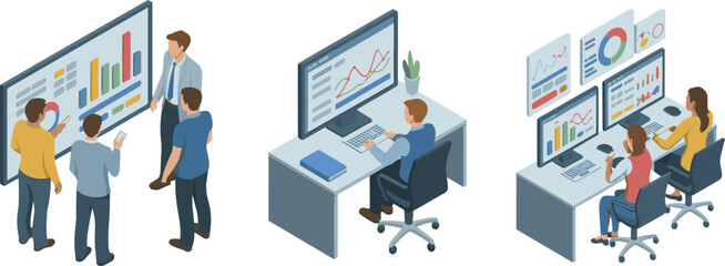 Obraz premium Isometric business analytics team working dashboard, data analysis, financial charts, office workplace, teamwork, corporate strategy vector illustration concept