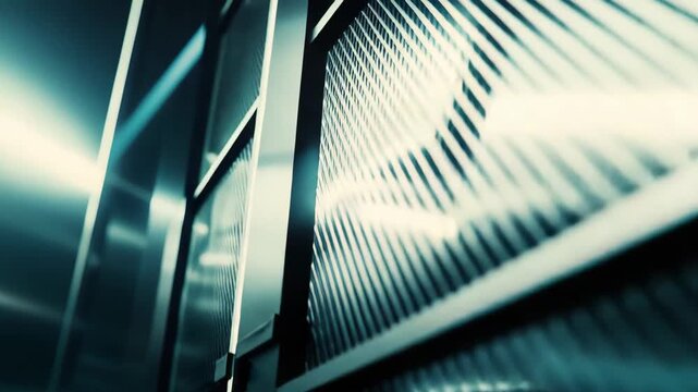 Metallic grid forming an abstract geometric pattern with diagonal highlights and cool blue technological glow, close up of modern industrial structure and wire mesh texture