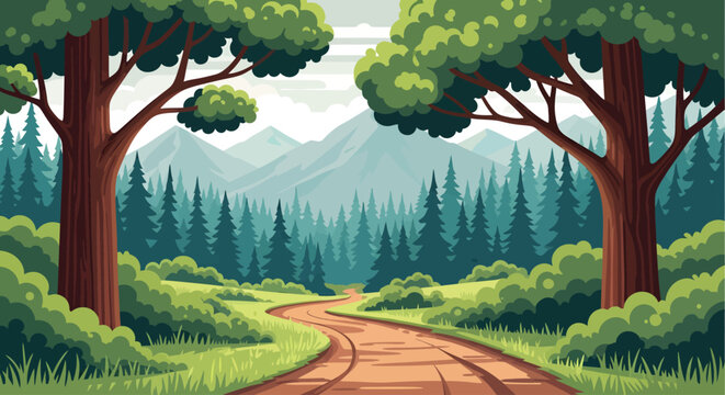 A scenic vector illustration captures a peaceful winding path flanked by thick bushes and tall trees, leading the eye past a dense evergreen forest toward majestic, jagged mountains under a soft sky