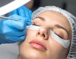 Naklejka premium Professional eyelash lamination and lift in beauty salon: Close-up of young woman receiving eyelash treatment from beautician