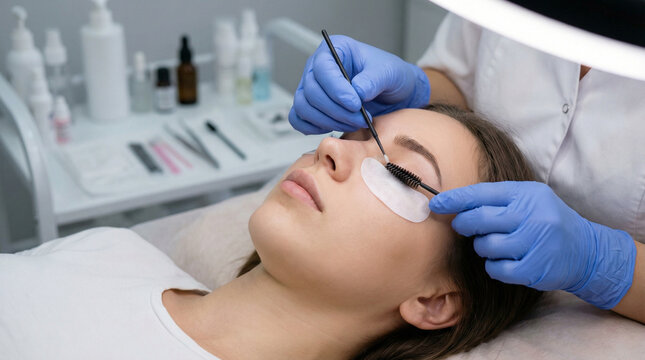 Professional eyelash lamination and lift in beauty salon: Close-up of young woman receiving eyelash treatment from beautician