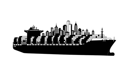Fototapeta premium Silhouette of a large container ship carrying a city skyline representing global trade and urban development