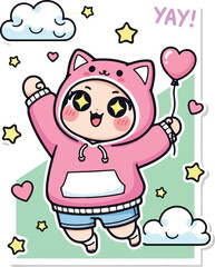 Kawaii cartoon character in pink hoodie with cat ears