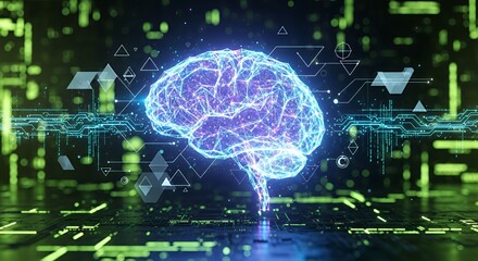 Fototapeta premium Stunning visual representation of a glowing brain with neon connections on a dark circuit background, symbolizing innovation and artificial intelligence