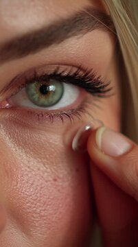 Close up of beautiful woman installing contact lens in her eye very realistic 4K video footage