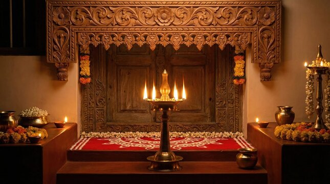 Intricately carved sandalwood toran hangs above doorway with brass kuthu vilakku lamp on wooden step below.