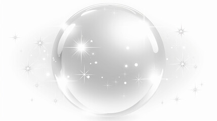 白背景に浮かぶ透明なクリスタルボールと輝く光の粒子の幻想的な背景素材