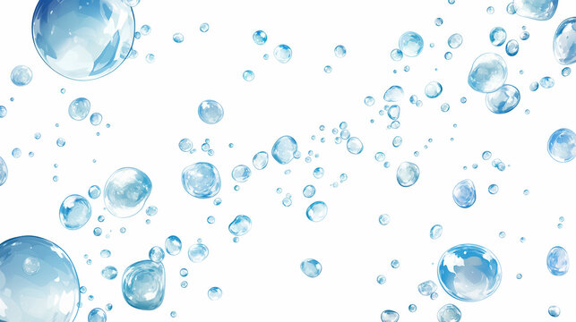 清潔感や潤いイメージ　白背景に浮かぶ透明感のある青い水玉と気泡の爽やかなバックグラウンド素材
