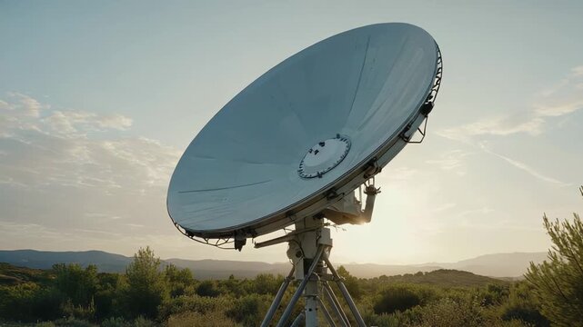 Large parabolic satellite dish antenna standing in an open field, capturing or transmitting signals with a warm sunset sky and cloudscape providing a tranquil backdrop for advanced telecommunication