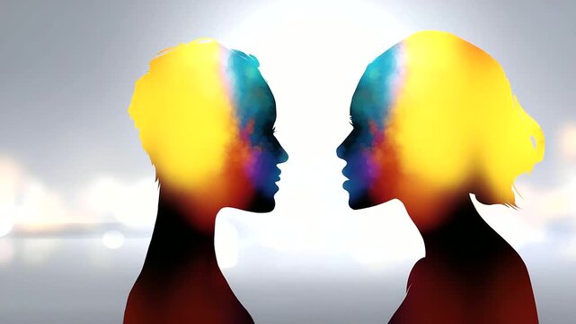 Colorful artistic depiction of two faceless women face to face with blended colors, harmony and connection promotion, with copy space