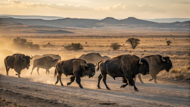 Majestic herd of powerful buffalo running across a dusty savanna landscape at golden hour.
