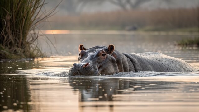 Majestic Hippopotamus Partially Submerged in Warm, Golden Hour River Water, a Peaceful African Wildlife Encounter.