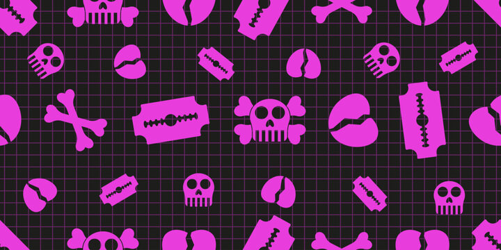 Emo seamless background. Simple vector skull blade razor and broken heart isolated black. Perfect pink Emo fabric textile printing. EPS 10