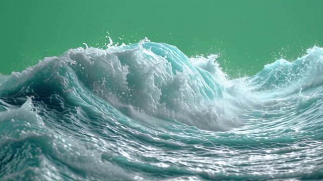 Powerful blue ocean wave breaking with green screen background, ideal for compositing and visual effects