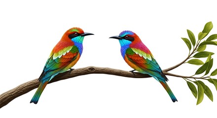 Fototapeta premium Two vibrant birds perched on a branch with lush green foliage in the background