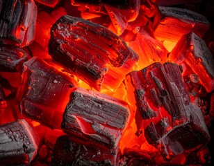 Glowing embers display bright red, orange heat with jagged, rough charcoal chunks filling the frame entirely