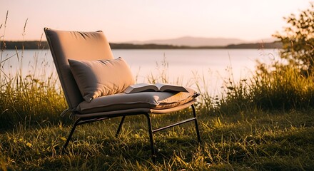 Fototapeta premium Comfortable chair with open book sits lakeside, bathed in warm sunlight, peaceful scene